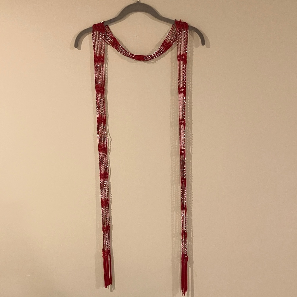Red and Silver Beaded Scarf NWOT